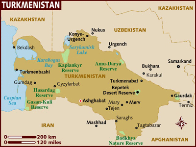 Map of Turkmenistan cities, reserves and lakes